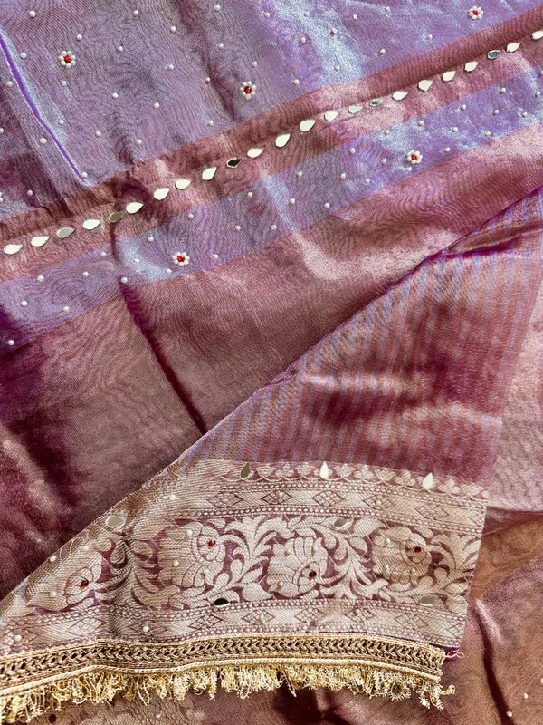 Onion_pink_mirror,_handwork_tissue_saree_with_Sabyasachi_lace