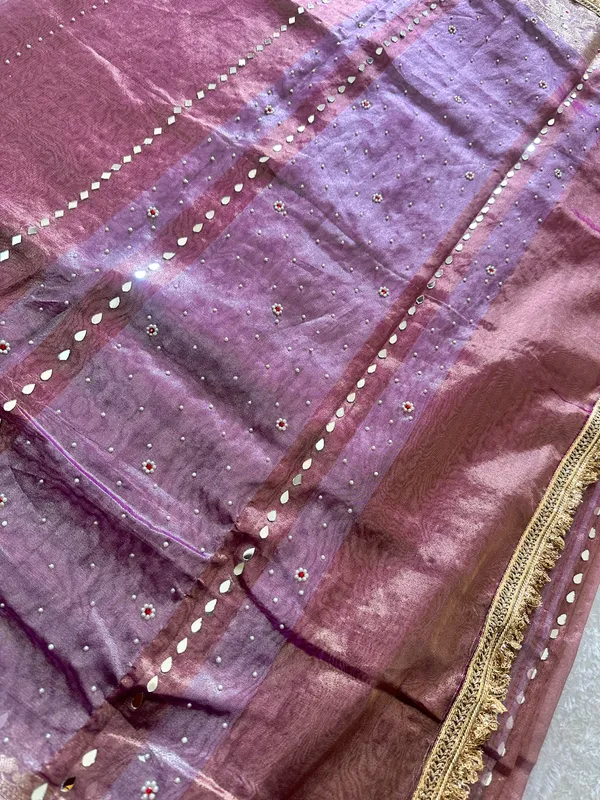 Onion_pink_mirror,_handwork_tissue_saree_with_Sabyasachi_lace