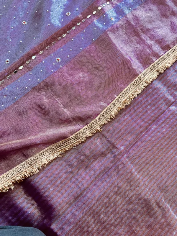 Onion_pink_mirror,_handwork_tissue_saree_with_Sabyasachi_lace