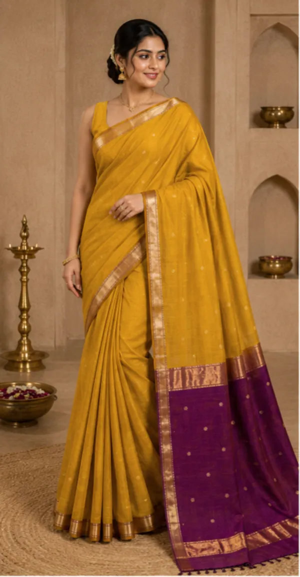 Yellow_And_Violet_Maheshwari_1_Inch_Border_Saree