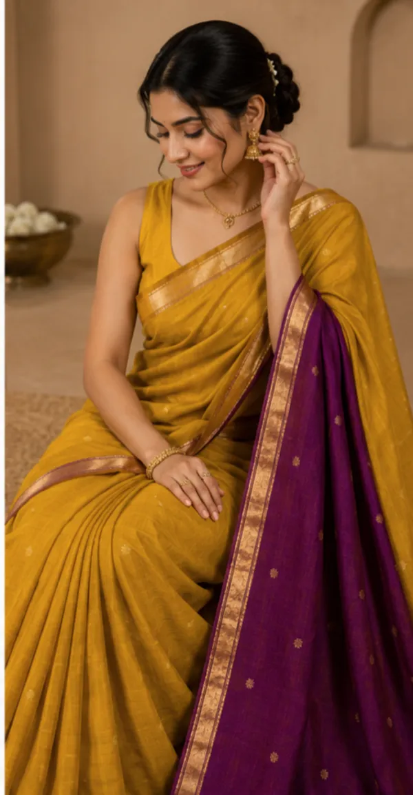 Yellow_And_Violet_Maheshwari_1_Inch_Border_Saree