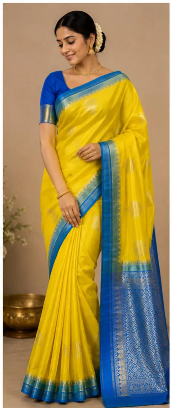 Yellow_And_Blue_Contrast_Colour_Pure_Banarasi_Mango_Silk_Saree