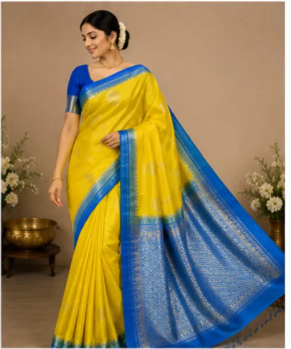 Yellow_And_Blue_Contrast_Colour_Pure_Banarasi_Mango_Silk_Saree