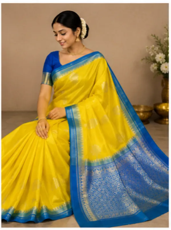Yellow_And_Blue_Contrast_Colour_Pure_Banarasi_Mango_Silk_Saree