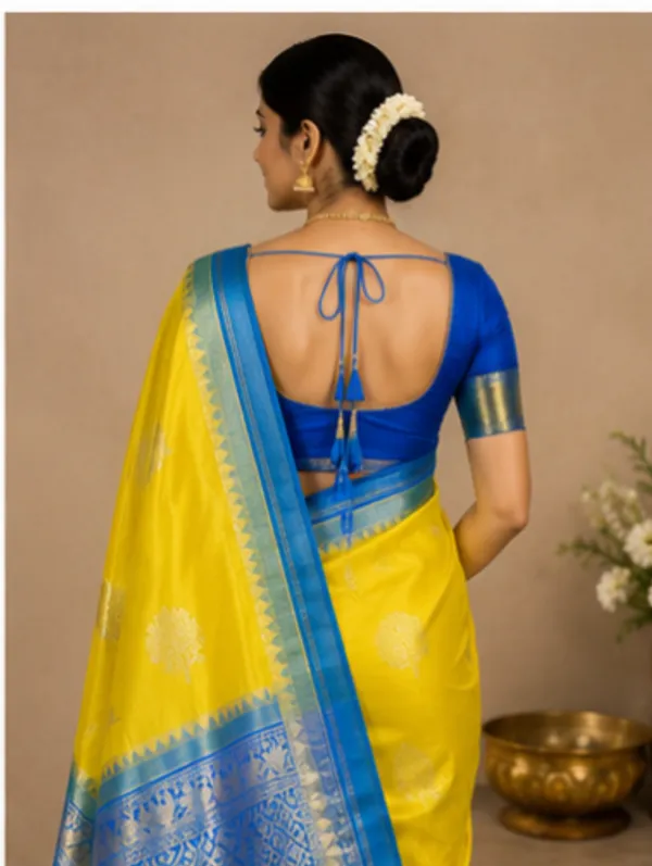 Yellow_And_Blue_Contrast_Colour_Pure_Banarasi_Mango_Silk_Saree