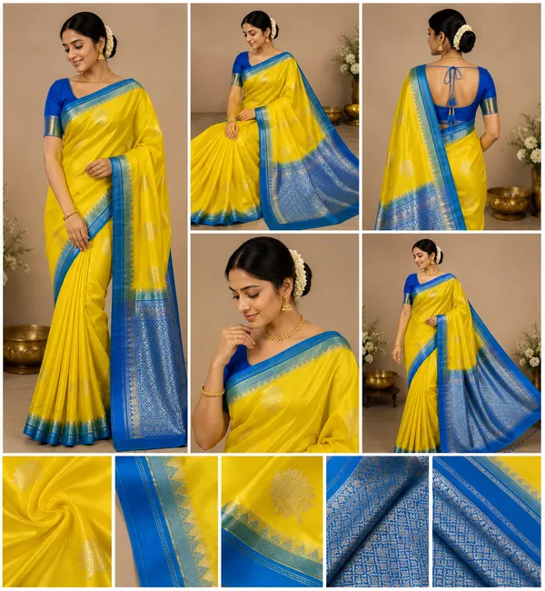 Yellow_And_Blue_Contrast_Colour_Pure_Banarasi_Mango_Silk_Saree