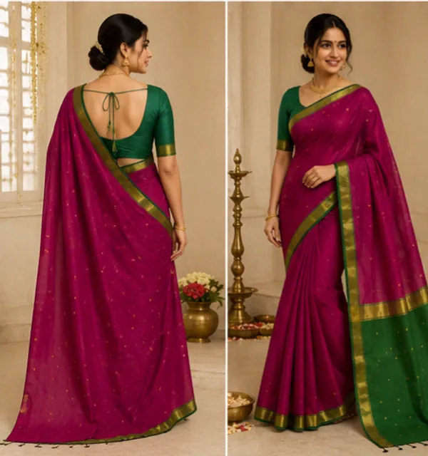 Purple_And_Green_Maheshwari_1_Inch_Border_Saree