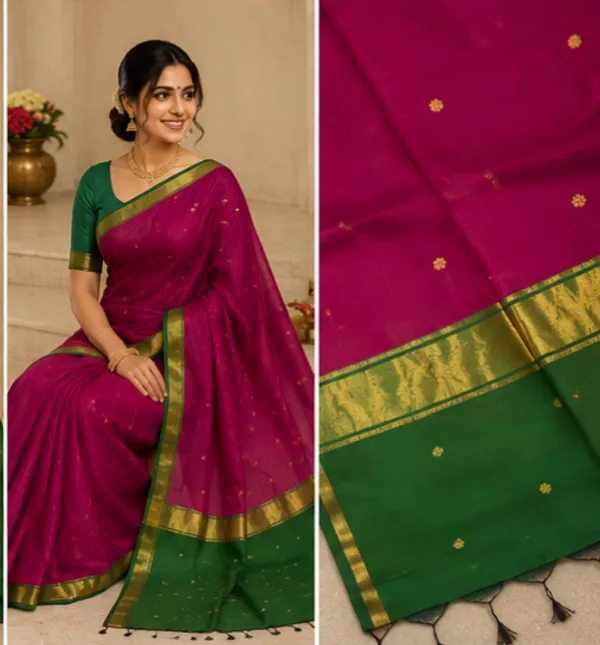 Purple_And_Green_Maheshwari_1_Inch_Border_Saree
