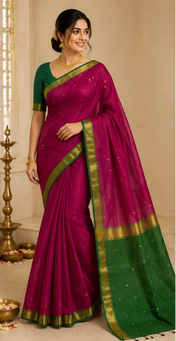 Purple_And_Green_Maheshwari_1_Inch_Border_Saree