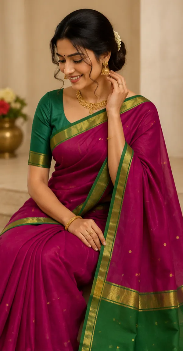 Purple_And_Green_Maheshwari_1_Inch_Border_Saree