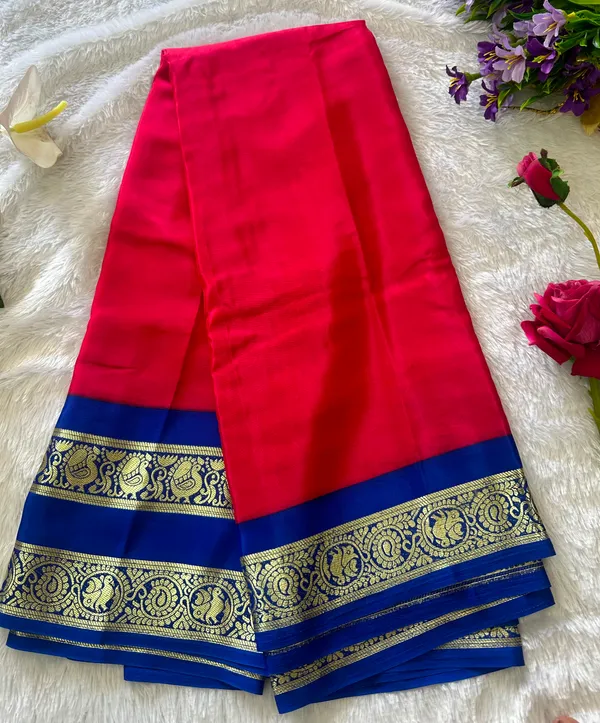 Contrast_Semi_Crepe_Silk_Saree_With_Peacock_Bentex_Border