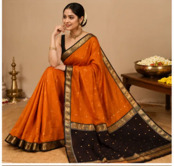 Orange_And_Black_Maheshwari_1_Inch_Border_Saree