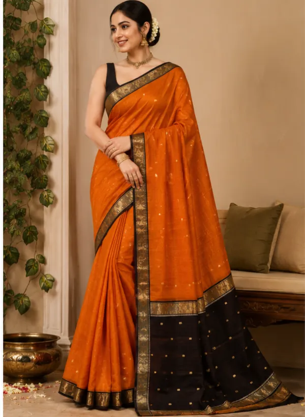 Orange_And_Black_Maheshwari_1_Inch_Border_Saree