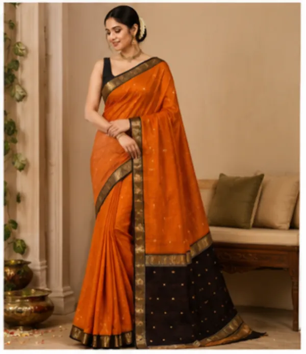 Orange_And_Black_Maheshwari_1_Inch_Border_Saree