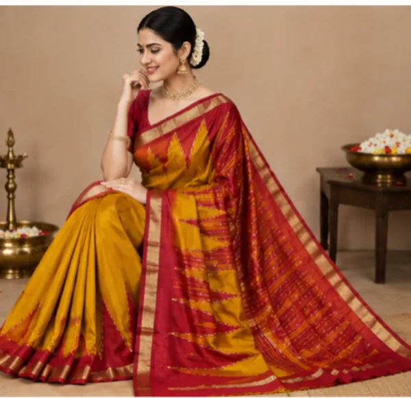 Dola_Silk_Sarees_With_Temple_Border(Orange_And_Red)