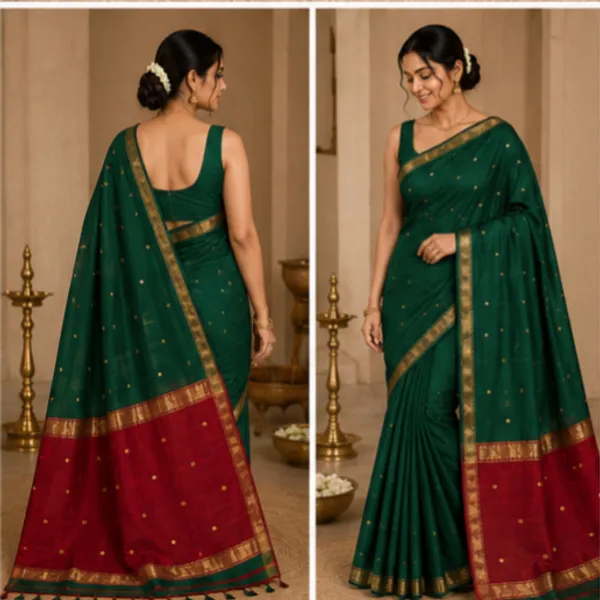 Bottle_Green_And_Maroon_Maheshwari_1_Inch_Border_Saree