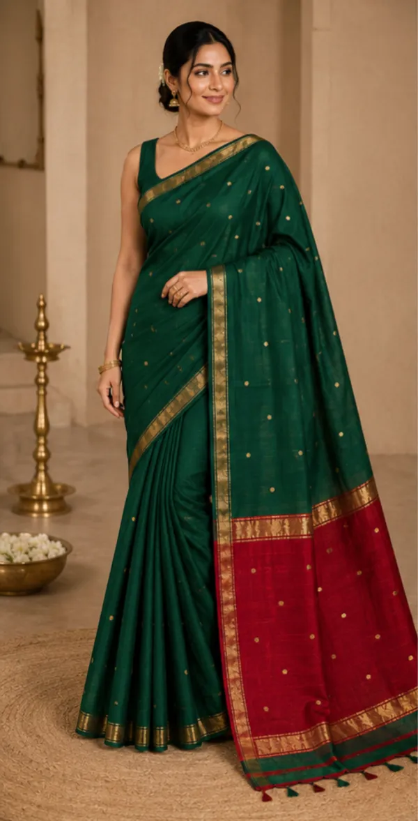 Bottle_Green_And_Maroon_Maheshwari_1_Inch_Border_Saree