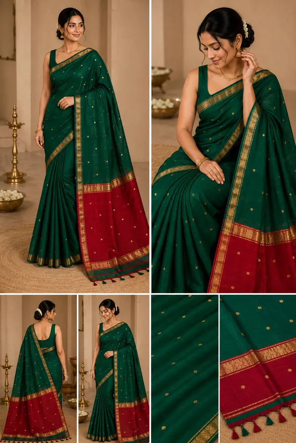 Bottle_Green_And_Maroon_Maheshwari_1_Inch_Border_Saree
