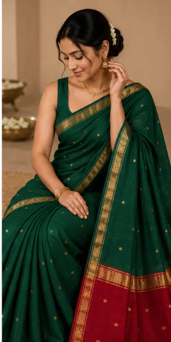 Bottle_Green_And_Maroon_Maheshwari_1_Inch_Border_Saree