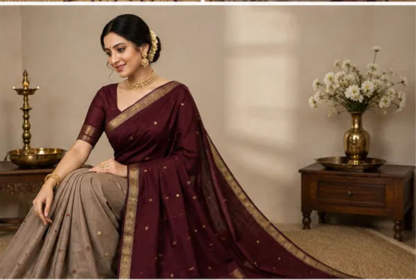 Snuff_Brown_And_Cream_Maheshwari_1_Inch_Border_Saree