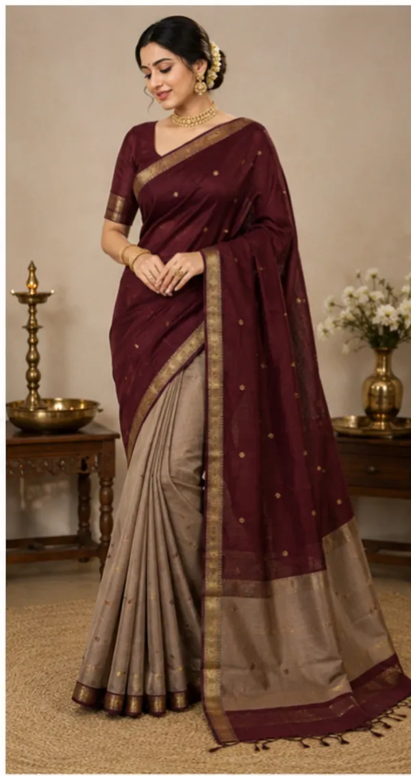 Snuff_Brown_And_Cream_Maheshwari_1_Inch_Border_Saree