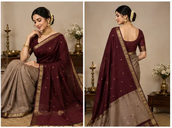 Snuff_Brown_And_Cream_Maheshwari_1_Inch_Border_Saree