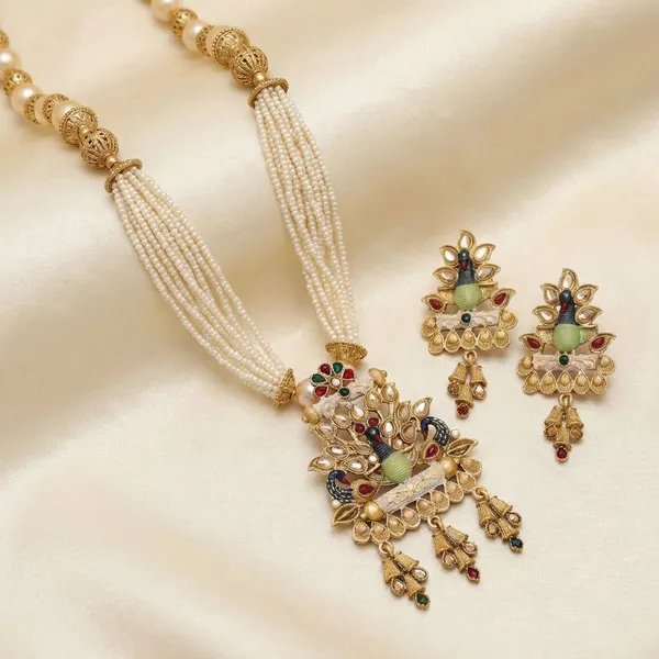Gold_And_White_Pearl_And_Metal_With_Antique_Stones_Weddings_And_Festivals_And_Traditional_Ceremonies_Necklace_Set_With_Earrings_For_Women