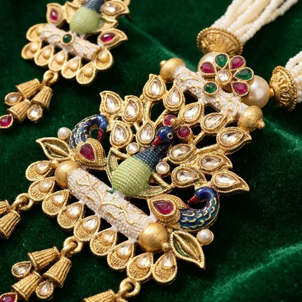 Gold_And_White_Pearl_And_Metal_With_Antique_Stones_Weddings_And_Festivals_And_Traditional_Ceremonies_Necklace_Set_With_Earrings_For_Women