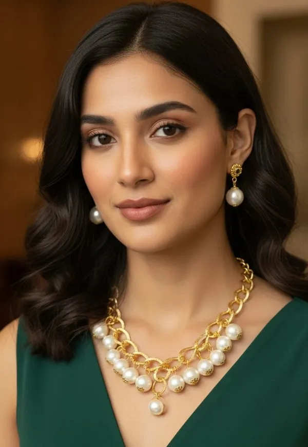 White_Pearl_And_Gold_Toned_Metal_Wedding_And_Festival_And_Party_And_Traditional_Celebrations_Necklace_Set_With_Earrings_For_Women