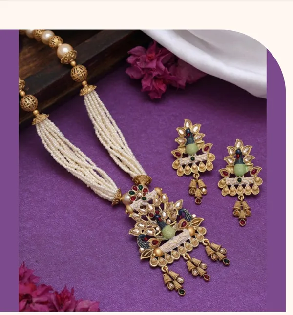 Gold_And_White_Pearl_And_Metal_With_Antique_Stones_Weddings_And_Festivals_And_Traditional_Ceremonies_Necklace_Set_With_Earrings_For_Women