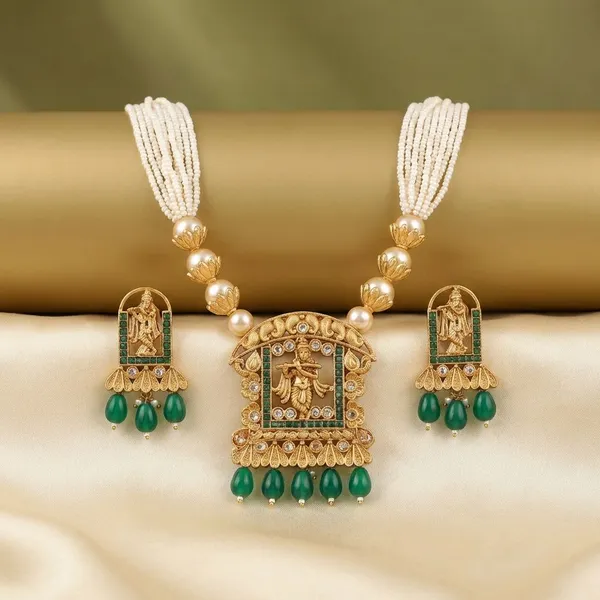 Gold_And_White_Alloy_Necklace_Set_With_Earrings_For_Women