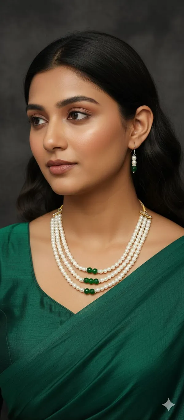 White_and_Green_Pearl_Necklace_With_Earrings_Set_For_Women_|_Emerald_Beads_Necklace_Set