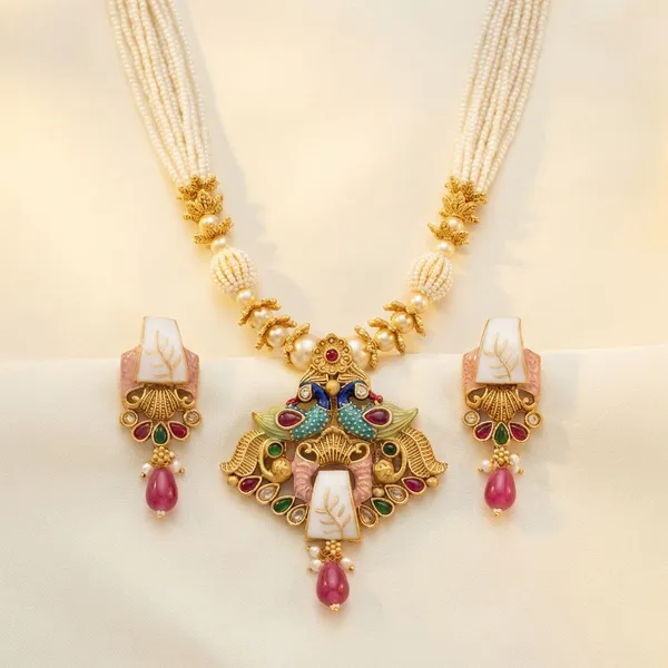 Gold_And_White_Pearl_Beads_And_Gold_Toned_Metal_And_Colorful_Stones_Weddings_And_Festive_Celebrations_And_Traditional_Ceremonies_Necklace_And_Earring_Set_For_Women