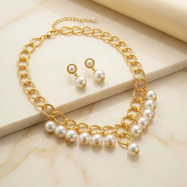 White_Pearl_And_Gold_Toned_Metal_Wedding_And_Festival_And_Party_And_Traditional_Celebrations_Necklace_Set_With_Earrings_For_Women