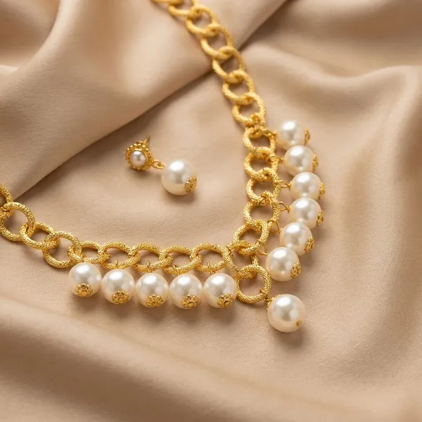 White_Pearl_And_Gold_Toned_Metal_Wedding_And_Festival_And_Party_And_Traditional_Celebrations_Necklace_Set_With_Earrings_For_Women