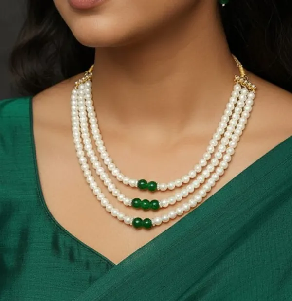 White_and_Green_Pearl_Necklace_With_Earrings_Set_For_Women_|_Emerald_Beads_Necklace_Set