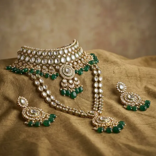 Silver_And_Green_Kundan_And_Green_Stones_And_Pearls_Wedding_And_Bridal_And_Reception_And_Festival_Necklace_Set_With_Earrings_For_Women