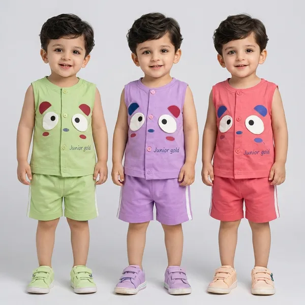 Multicolour_Cotton_Sleeveless_Panda_Graphic_Bandi_Shorts_Set_For_Boys
