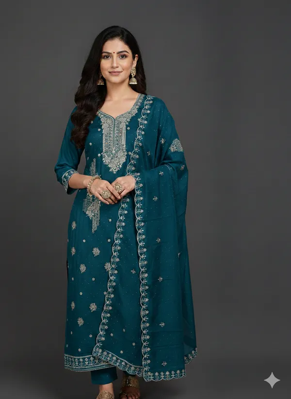 Teal_Blue_Embroidered_Ethnic_Kurta_Set_With_Dupatta