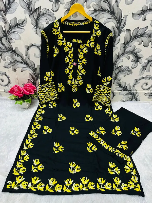 Black_Kurti_With_Yellow_Floral_Embroidery_And_Palazzo_Set