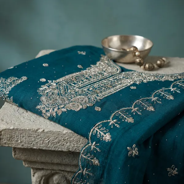 Teal_Blue_Embroidered_Ethnic_Kurta_Set_With_Dupatta