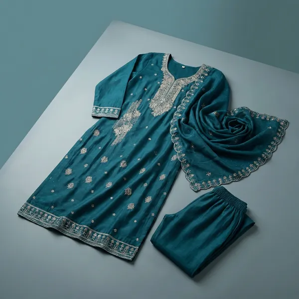 Teal_Blue_Embroidered_Ethnic_Kurta_Set_With_Dupatta