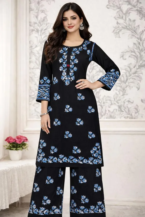 Blue_Floral_Embroidered_Kurta_Set_With_Palazzo