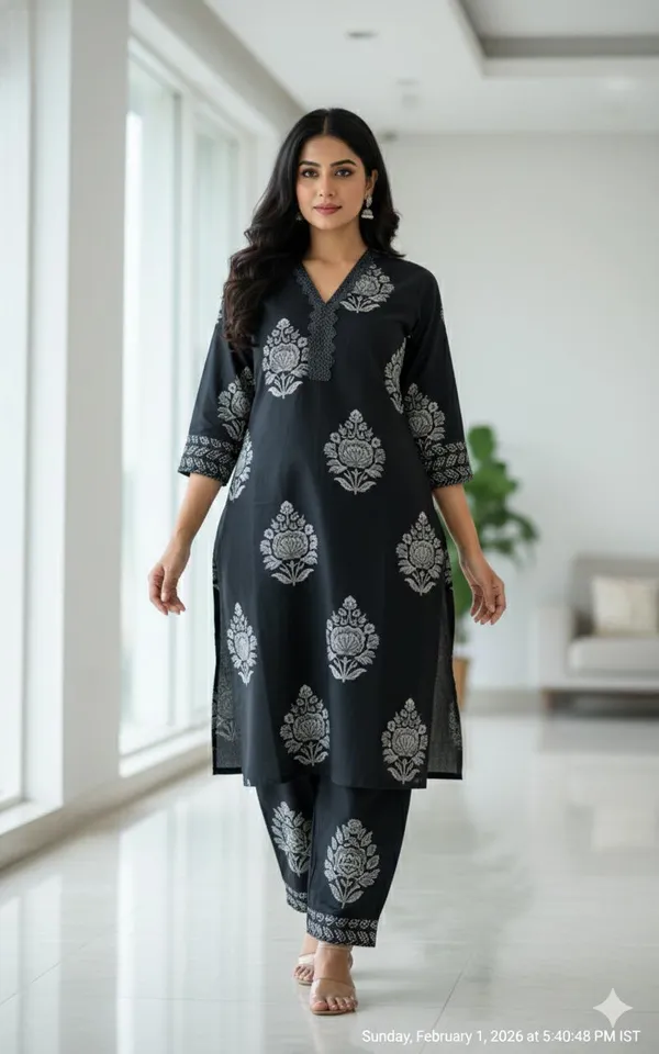 Black_Ethnic_Kurta_And_Palazzo_Set_With_Silver_Buti_Print