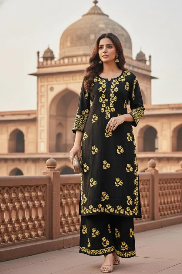 Black_Kurti_With_Yellow_Floral_Embroidery_And_Palazzo_Set