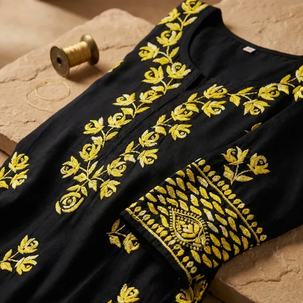 Black_Kurti_With_Yellow_Floral_Embroidery_And_Palazzo_Set
