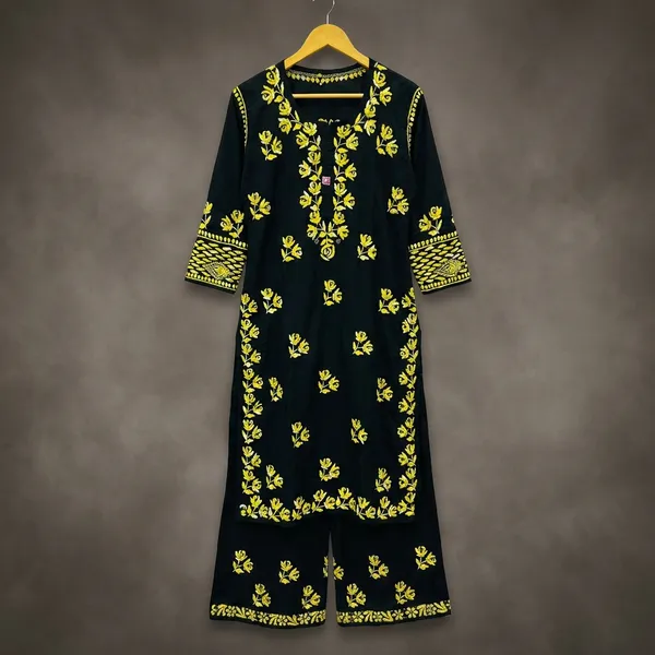 Black_Kurti_With_Yellow_Floral_Embroidery_And_Palazzo_Set