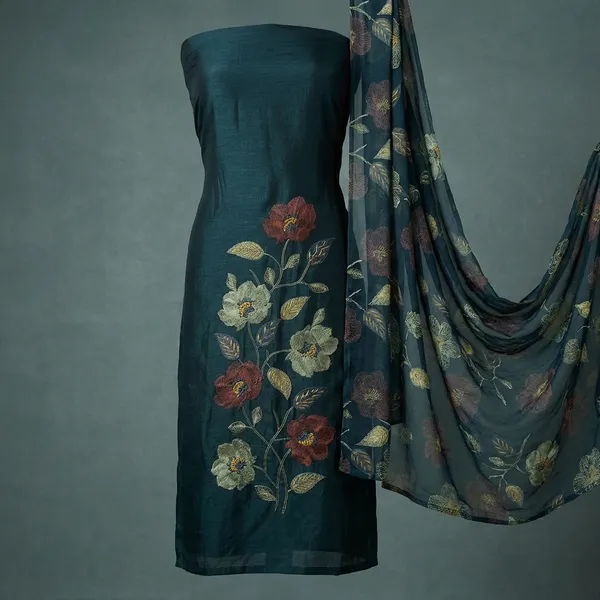 Teal_Green_Embroidered_Suit_Fabric_Set_With_Floral_Design