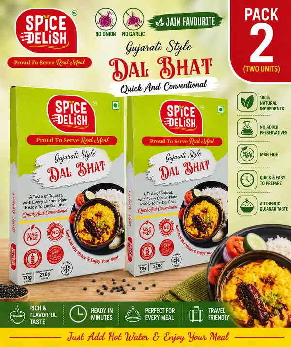 Spice_Delish_Dal_Bhat_Pack_of_2(Rehydrated_Wt.270g_each_pack)|_Instant_Ready_Meal_|Ready_to_Eat|Jain_Favourite|Gujarati_Style_Dal_Bhat-No_Onion,No_Garlic|Just_Add_Hot_Water|Freeze-Dried_Ready_Meal_for_Travel,_Camping,_Office,_Hostel_Students_and_Abroad_Studying_Students_&_Home_|_No_Preservatives_|_No_Artificial_Colours_|_No_Palm_Oil_|_Pure_Vegetarian_Food
