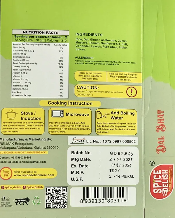 Spice_Delish_Dal_Bhat_Pack_of_2(Rehydrated_Wt.270g_each_pack)|_Instant_Ready_Meal_|Ready_to_Eat|Jain_Favourite|Gujarati_Style_Dal_Bhat-No_Onion,No_Garlic|Just_Add_Hot_Water|Freeze-Dried_Ready_Meal_for_Travel,_Camping,_Office,_Hostel_Students_and_Abroad_Studying_Students_&_Home_|_No_Preservatives_|_No_Artificial_Colours_|_No_Palm_Oil_|_Pure_Vegetarian_Food